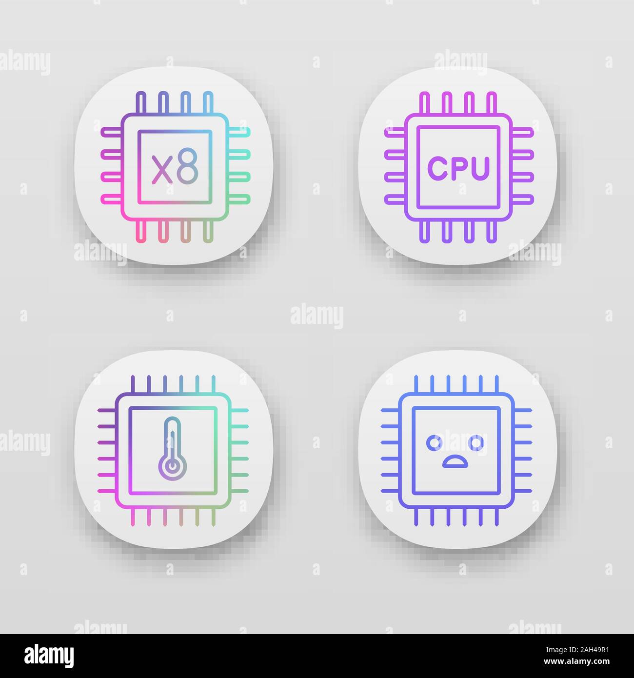 Processors app icons set. UI/UX user interface. Octa core, CPU processors, microprocessor temperature, sad chip. Web or mobile applications. Vector is Stock Vector