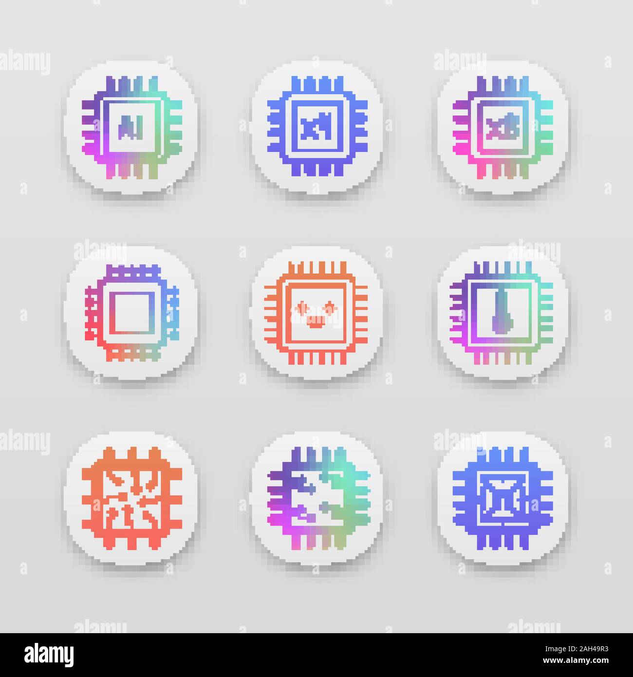 Processors app icons set. AI chip, quad, octa core processors, integrated circuit, microprocessor temperature, smiling chip. UI/UX interface. Web or m Stock Vector