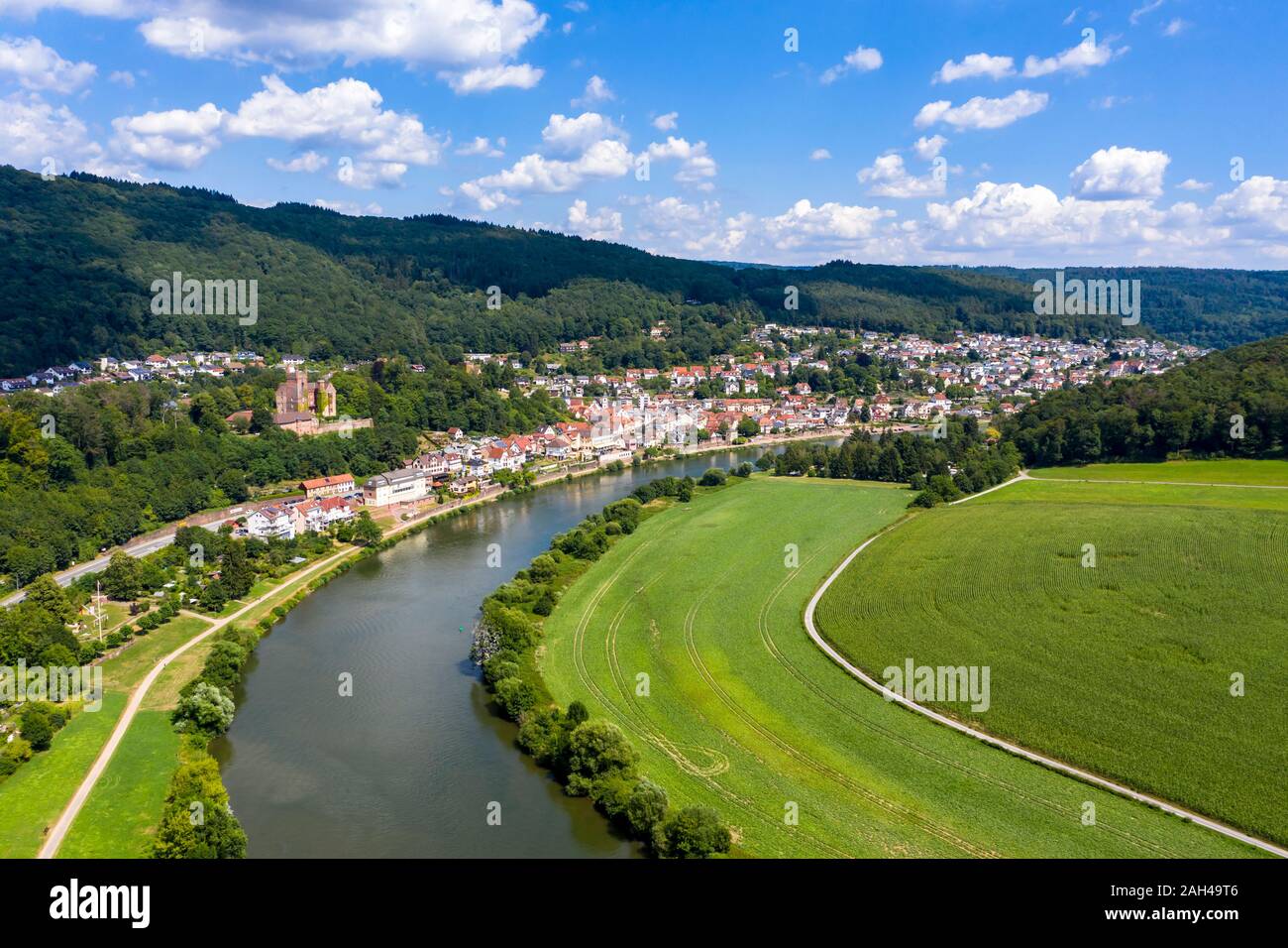 Germany, Baden-Wurttemberg, Neckarsteinach, Aerial view of town and castles Schadeck, Vorderburg, Mittelburg, Hinterburg Stock Photo
