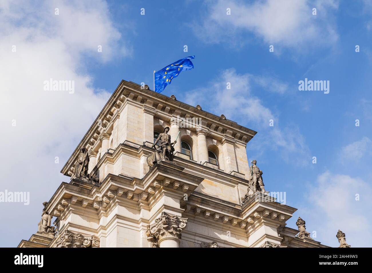 Germany, Berlin, European Union flag on top of Reichstag building Stock Photo