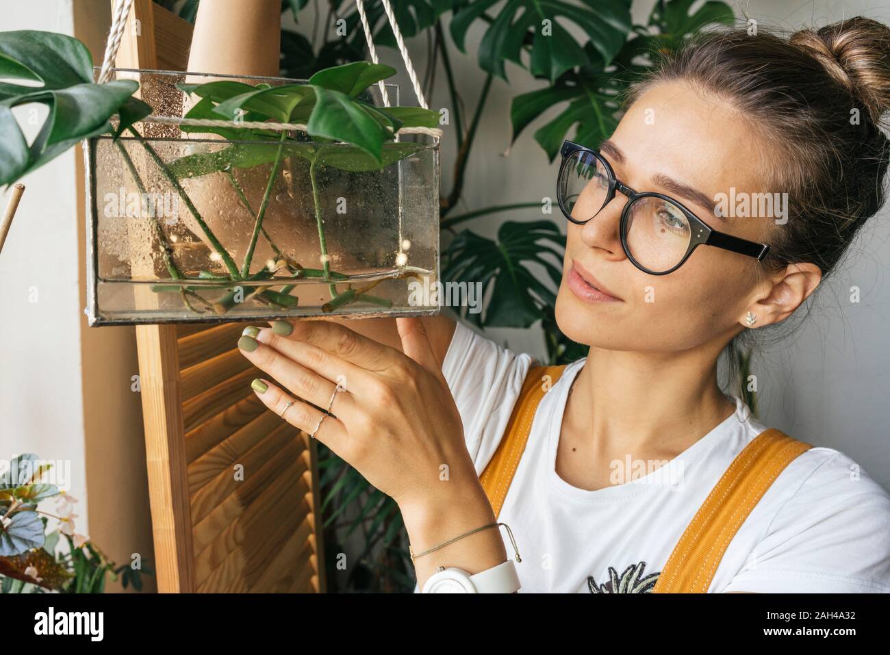 Young woman holding plant in a box with water Stock Photo