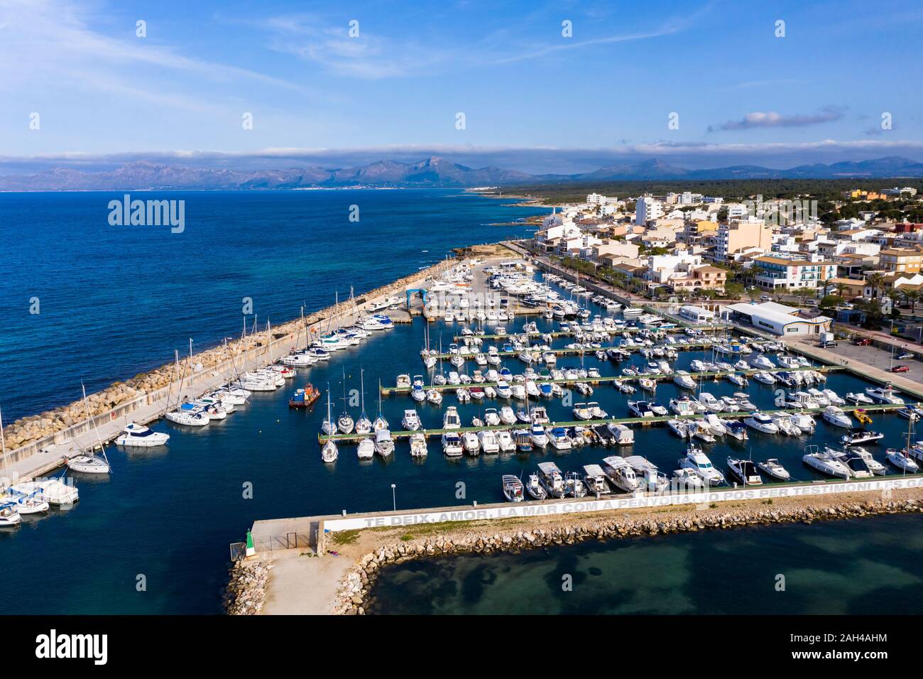 Spain, Mallorca, Aerial view of boats moored in Can Picafort resort harbor Stock Photo
