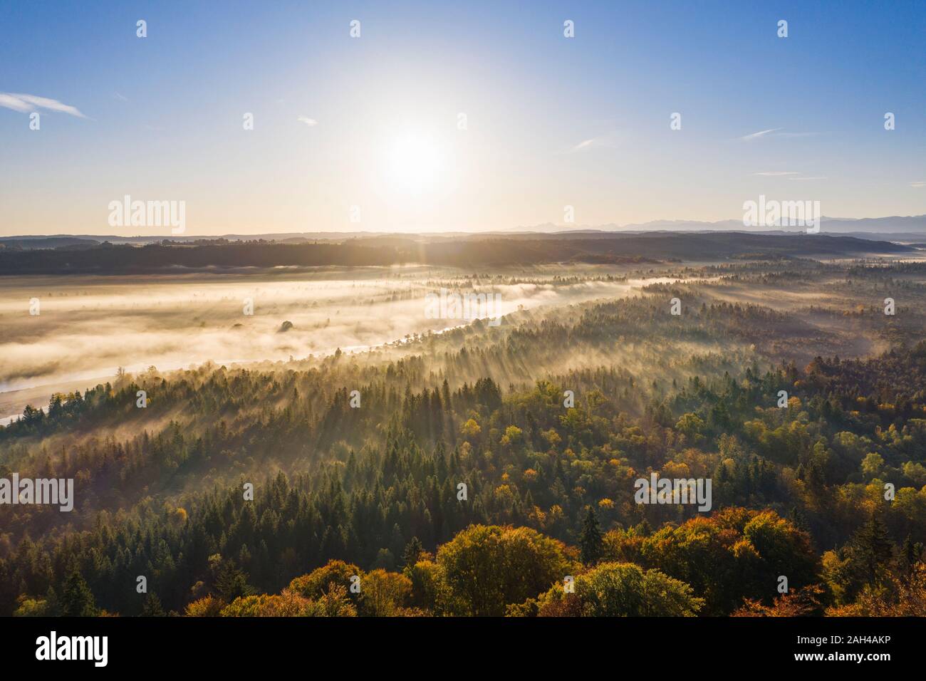 Germany, Bavaria, Upper Bavaria, Nature Reserve Isarauen, Aerial view of Isar river at sunrise Stock Photo
