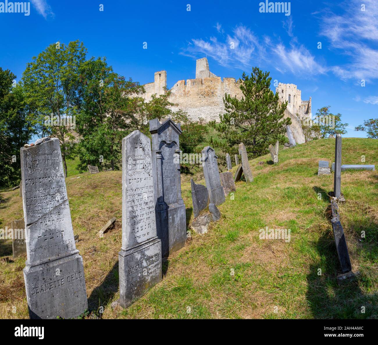 Slovakia, Nove Mesto nad Vahom District, Beckov, Old cemetery in front of ruins of Beckov Castle Stock Photo