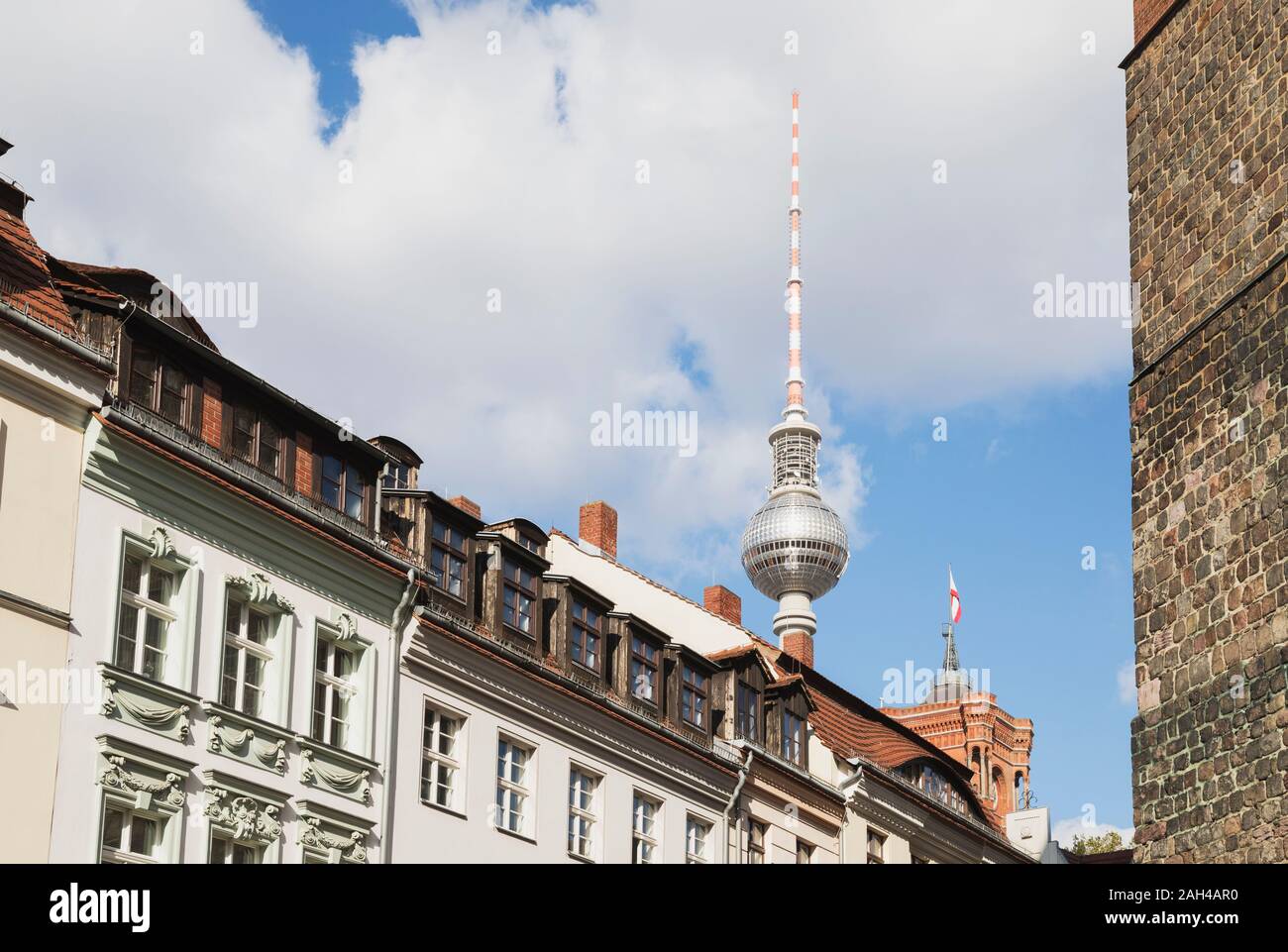 Germany, Berlin, Nicholas Quarter, St. Nicholas Church, TV Tower and Rotes Rathaus Stock Photo