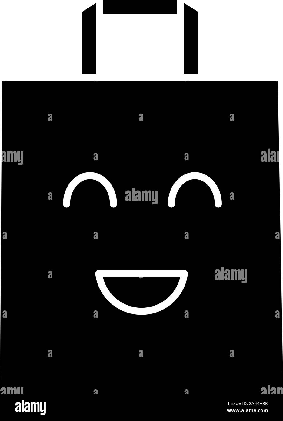 Smiling shopping bag character glyph icon. Sale, special offer. Happy shopping. Easy buying. Emoji, emoticon. Silhouette symbol. Negative space. Vecto Stock Vector