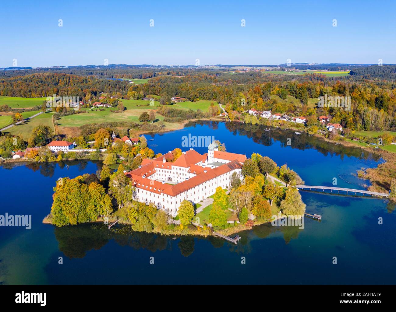 Germany, Bavaria, Seeon-Seebruck, Aerial view of Klostersee lake and Seeon Abbey Stock Photo