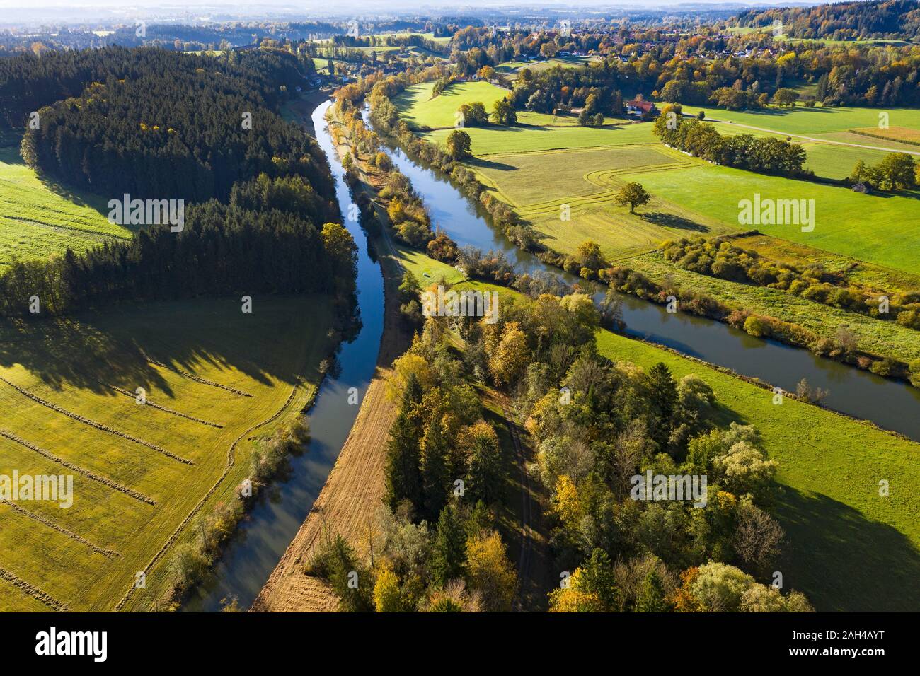 Germany, Bavaria, Eurasburg, Aerial view of Loisach and Isar canals Stock Photo