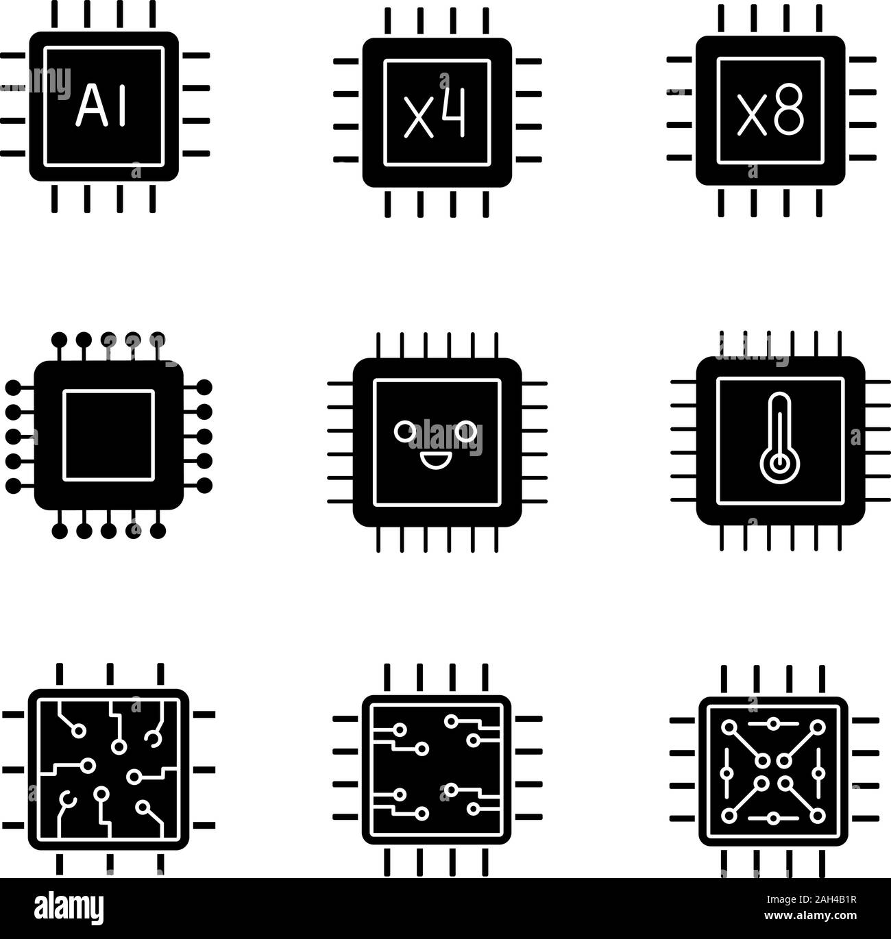 Processors glyph icons set. AI chip, quad, octa core processors, integrated circuit, microprocessor temperature, smiling chip. Silhouette symbols. Vec Stock Vector