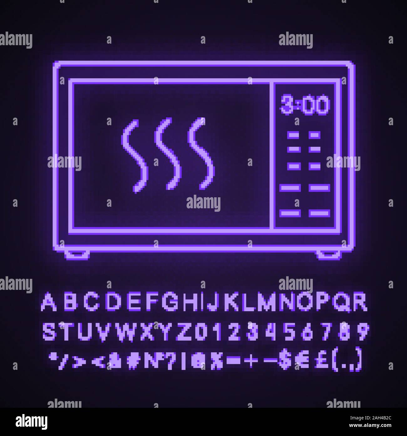 Microwave oven neon light icon. Electric oven. Food heating and preparation. Kitchen appliance. Glowing sign with alphabet, numbers and symbols. Vecto Stock Vector