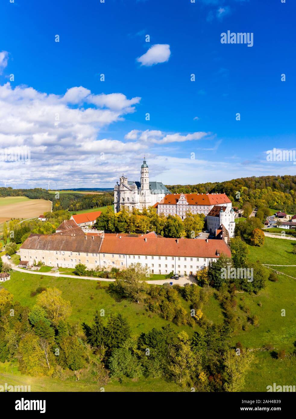 Germany, Baden-Wuerttemberg, Neresheim, Aerial view of Benedictine Monastery, Neresheim Abbey Stock Photo