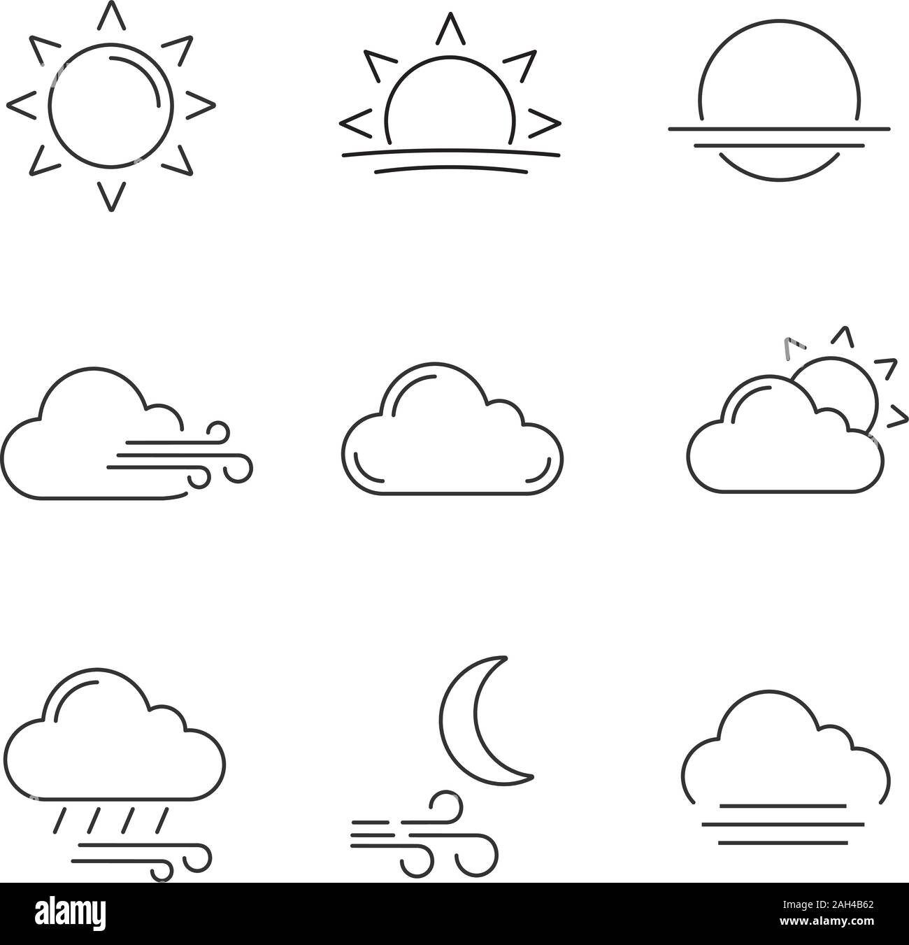 Weather forecast linear icons set. Sun, sunrise, sunset, wind, cloud,  partly cloudy weather, pouring rain, windy night, fog. Contour symbols.  Isolated Stock Vector Image & Art - Alamy
