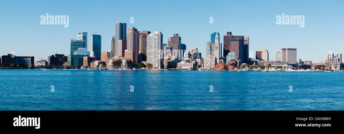 USA, Massachusetts, Boston, Coastal skyline of financial district skyscrapers Stock Photo