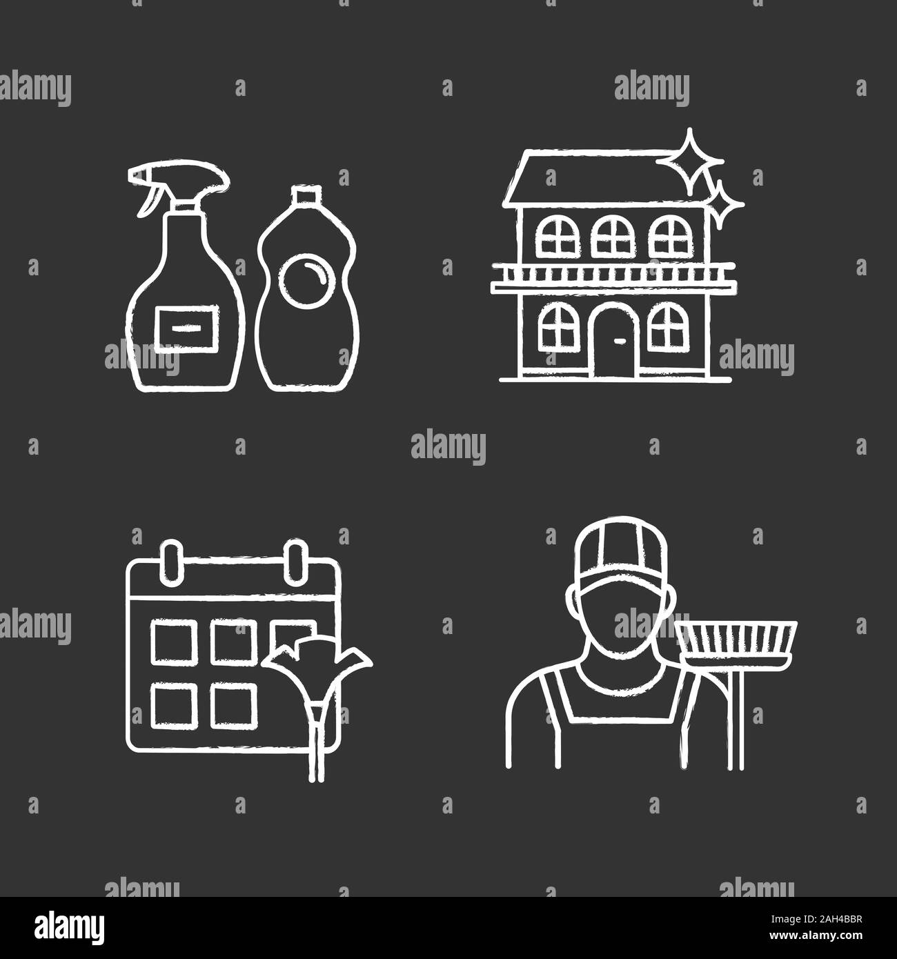 Cleaning service chalk icons set. Sweeper, cleaning schedule, cleaners