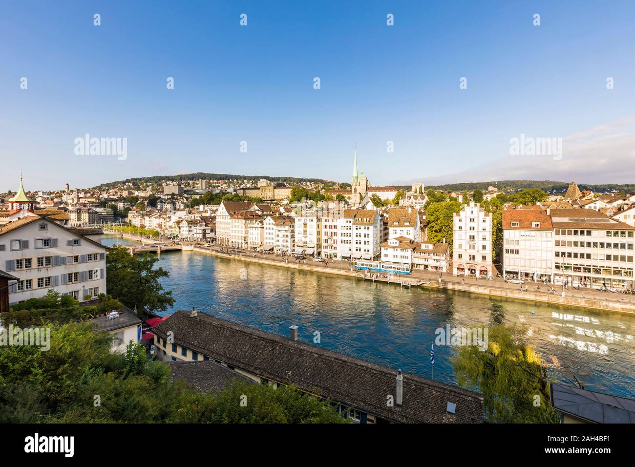 Switzerland, Canton of Zurich, Zurich, River Limmat and old town buildings along Limmatquai street Stock Photo