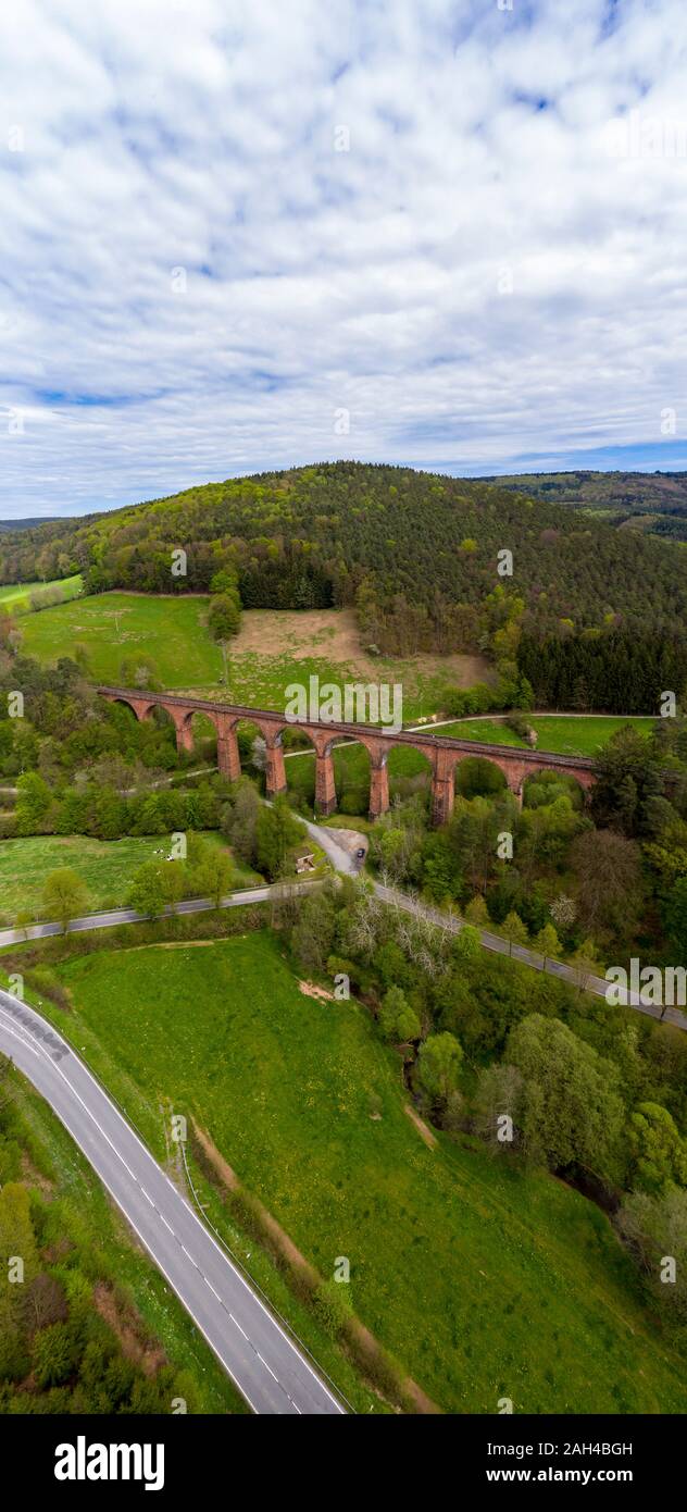 Germany, Hesse, Erbach, Aerial view of country road in front of Himbachel Viaduct Stock Photo