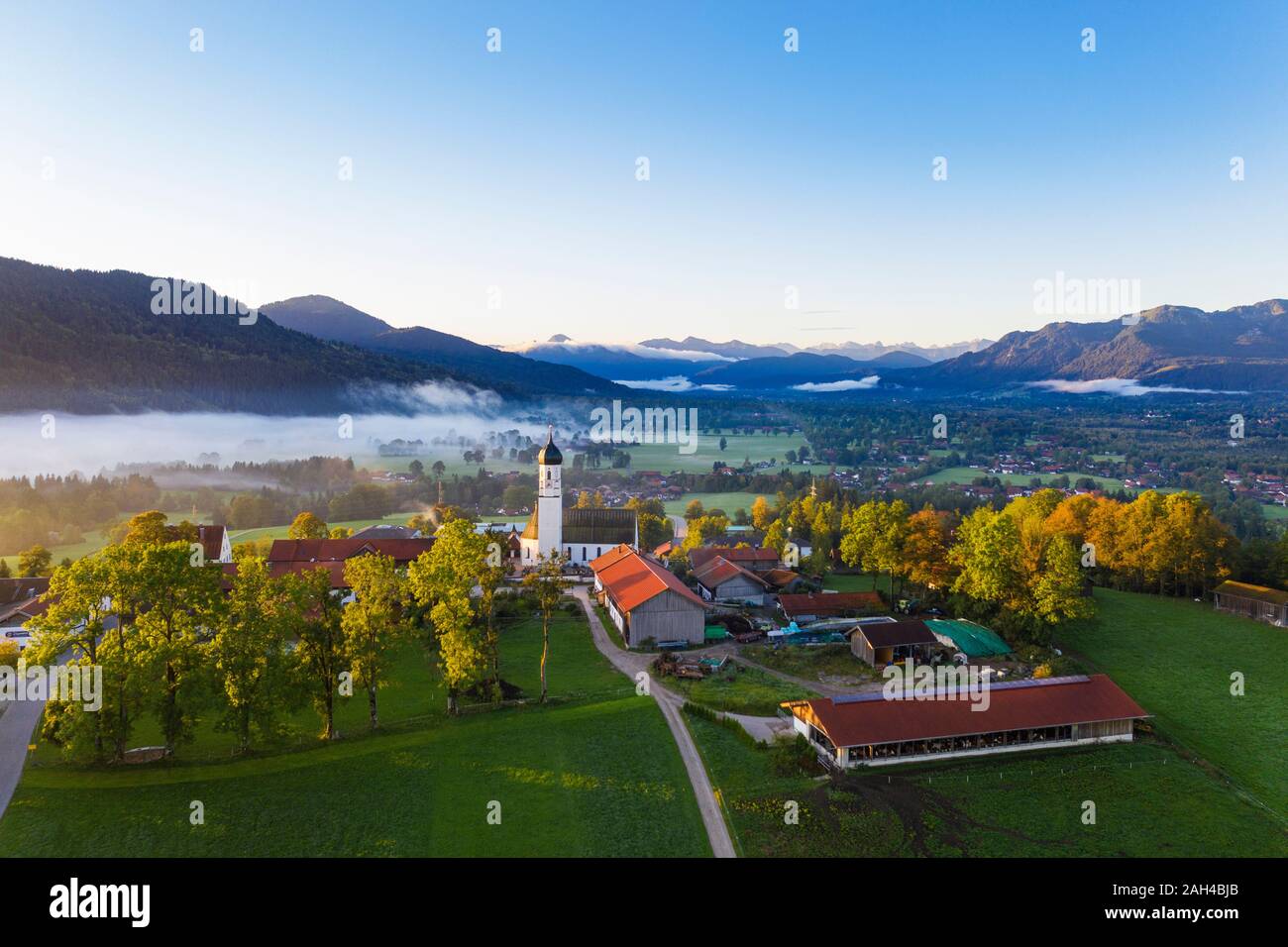 Germany, Upper Bavaria, Gaissach, Aerial view of Isartal at sunrise Stock Photo