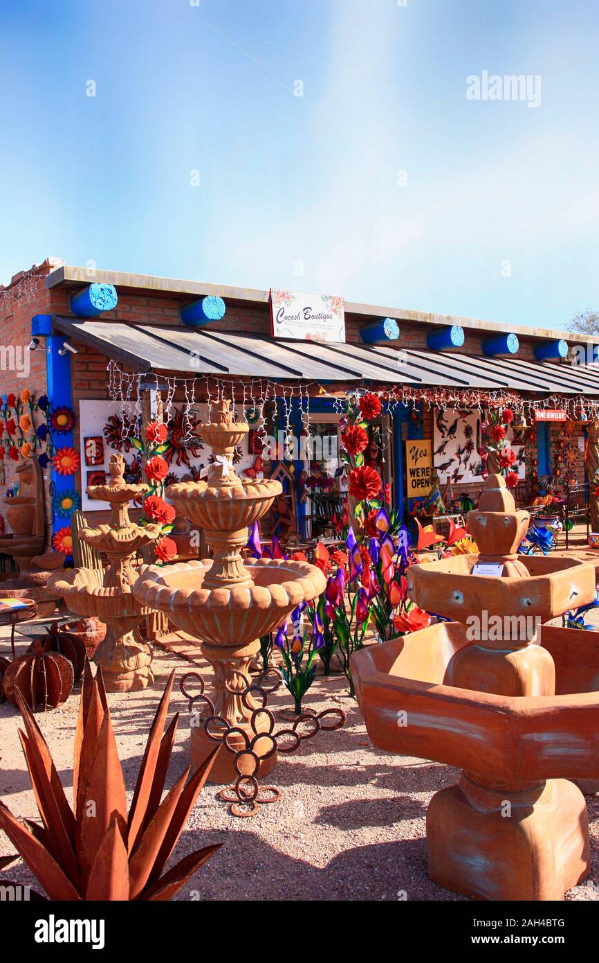 Colorful Mexican pots, stonewear and sculptures outside Cococh Boutique