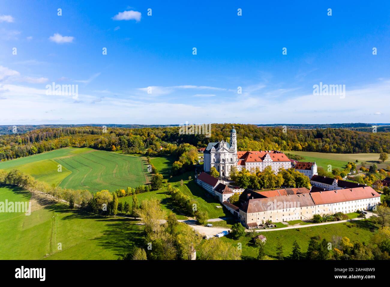 Germany, Baden-Wuerttemberg, Neresheim, Aerial view of Benedictine Monastery, Neresheim Abbey Stock Photo