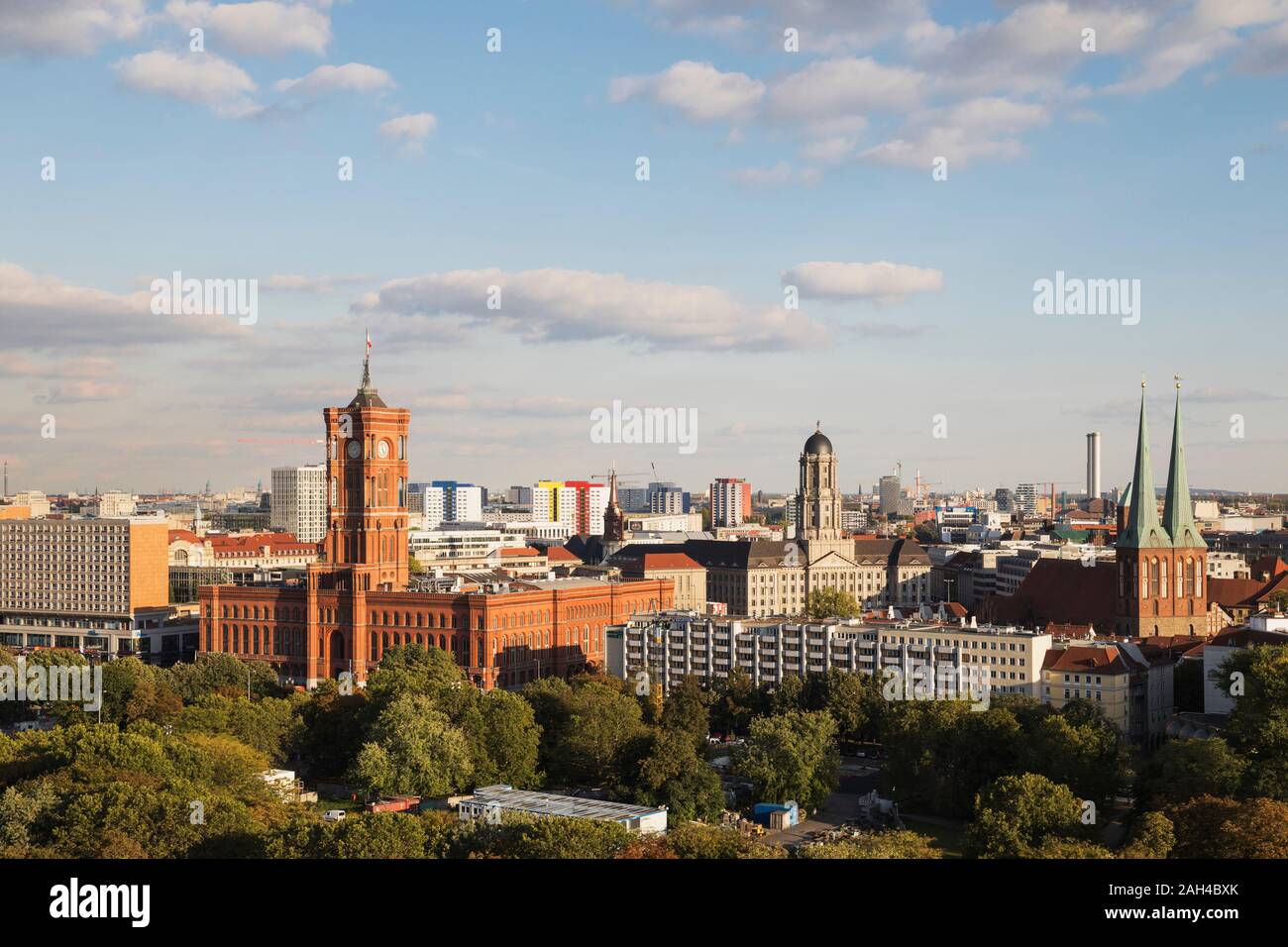Germany, Berlin, Alexanderplatz, Rotes Rathaus, Nikolaiviertel, Saint Nicholas Church and surrounding city buildings Stock Photo