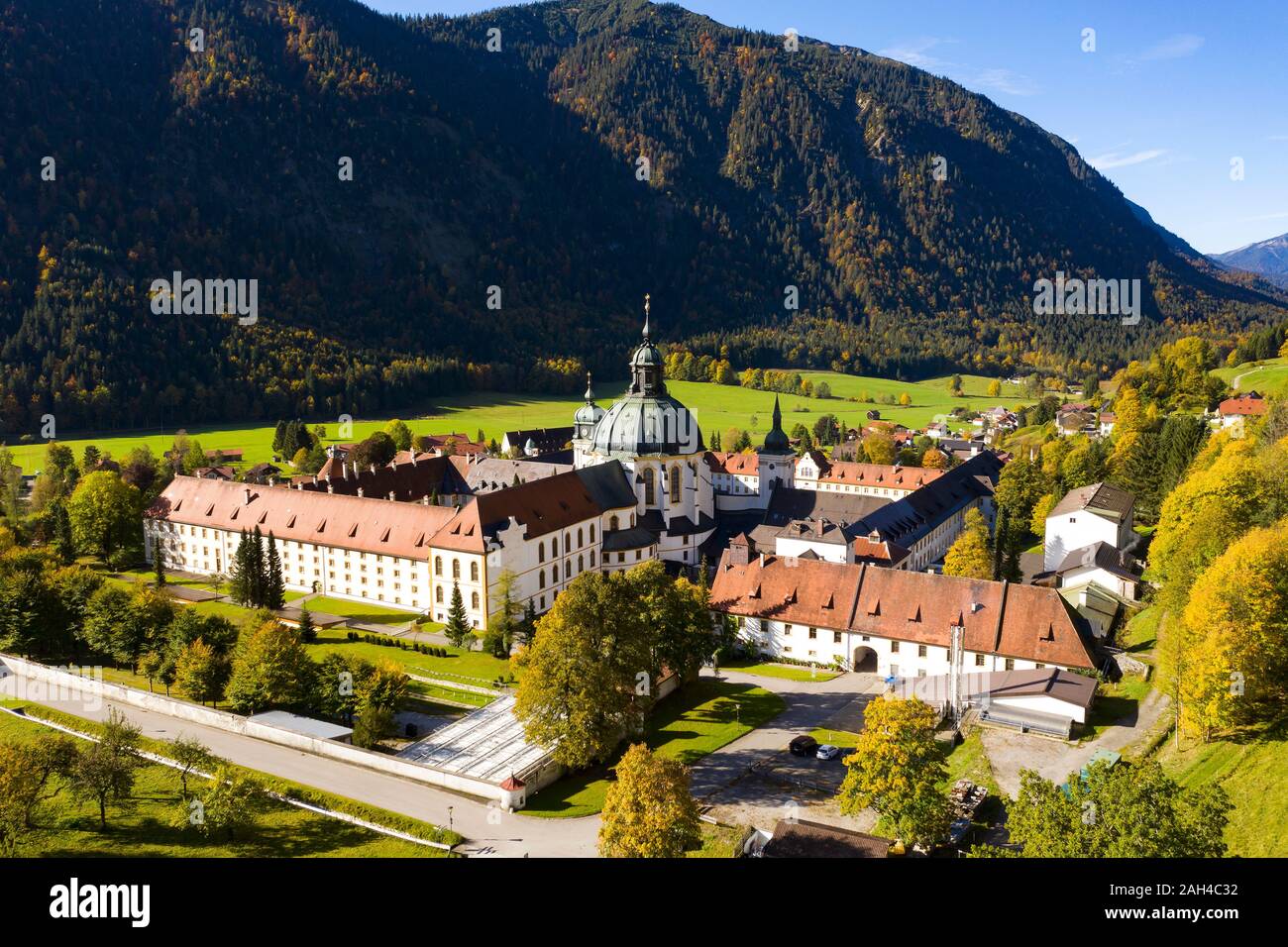 Germany, Bavaria, Upper Bavaria, Ettal, Aerial view of Benedictine monastery Ettal Abbey Stock Photo