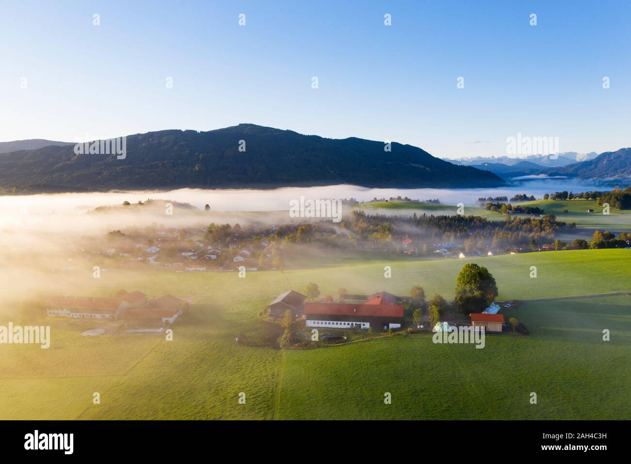 Germany, Upper Bavaria, Greiling, Aerial view of village and fields in fog at sunrise Stock Photo