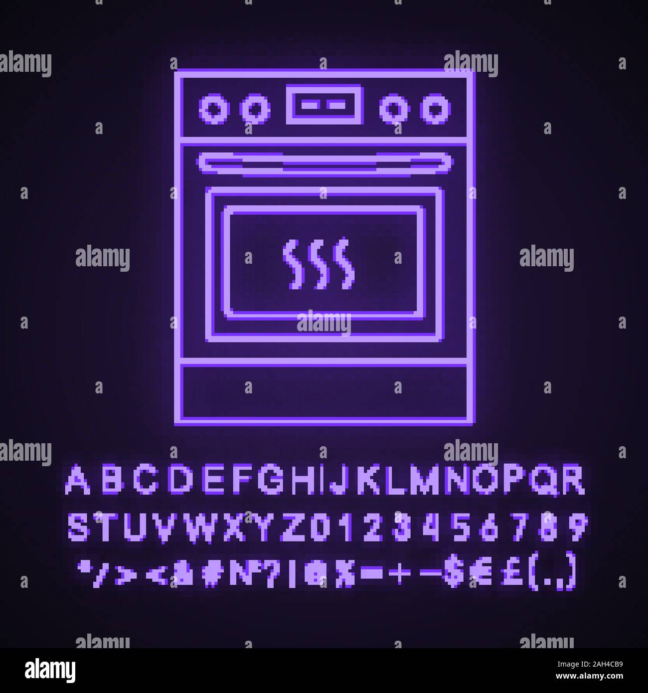 Kitchen stove neon light icon. Gas range cooker. Cooktop and oven