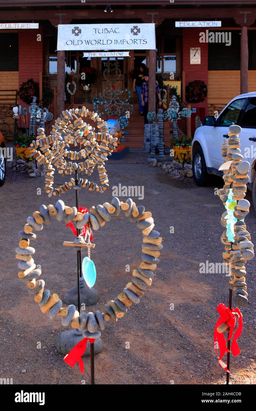 Stone jewelry on display outside the Old World Imports in downtown