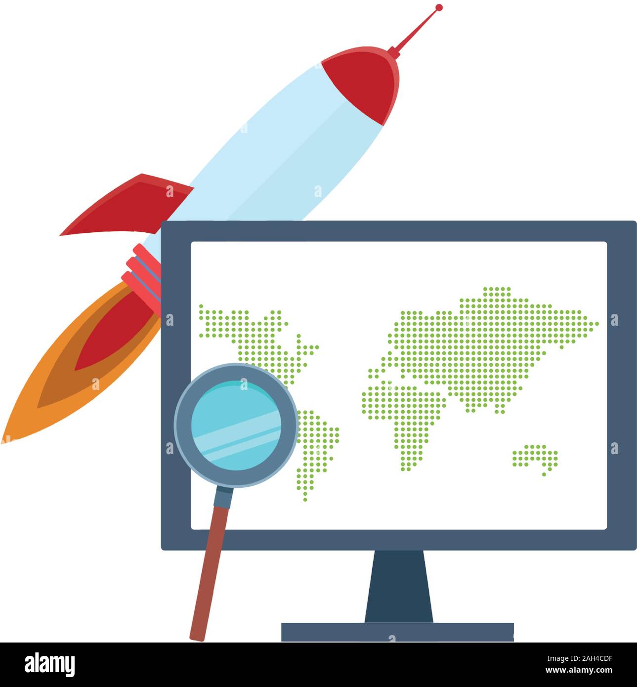 space rocket and computer with magnifying glass, colorful design Stock ...