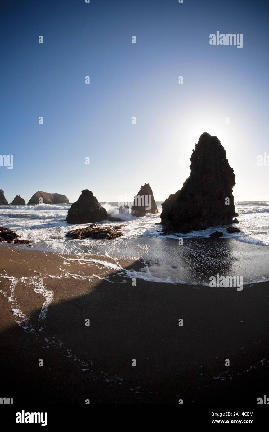 USA, California, San Francisco, Coastal rock formations of Marin Headlands at sunset Stock Photo