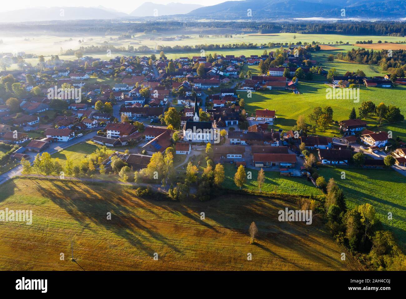 Germany, Bavaria, Upper Bavaria, Toelzer Land, Sachsenkam, Aerial view of village Stock Photo