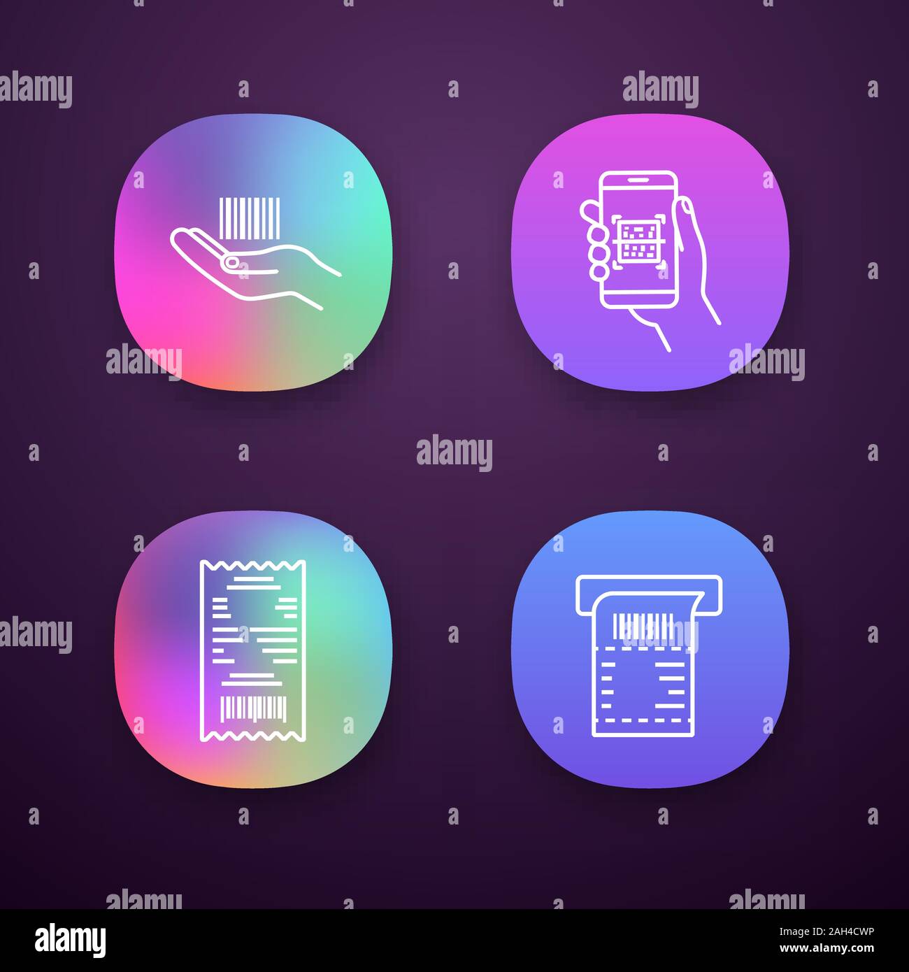 Barcodes app icons set. UI/UX user interface. Linear barcode in hand, QR  codes scanning app, cash receipt, ATM paper check. Web or mobile  applications Stock Vector Image & Art - Alamy