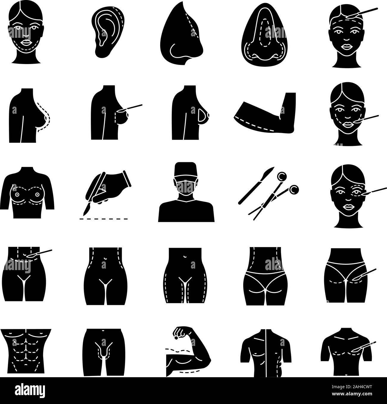 Plastic surgery glyph icons set. Facial surgery. Face and body surgical ...