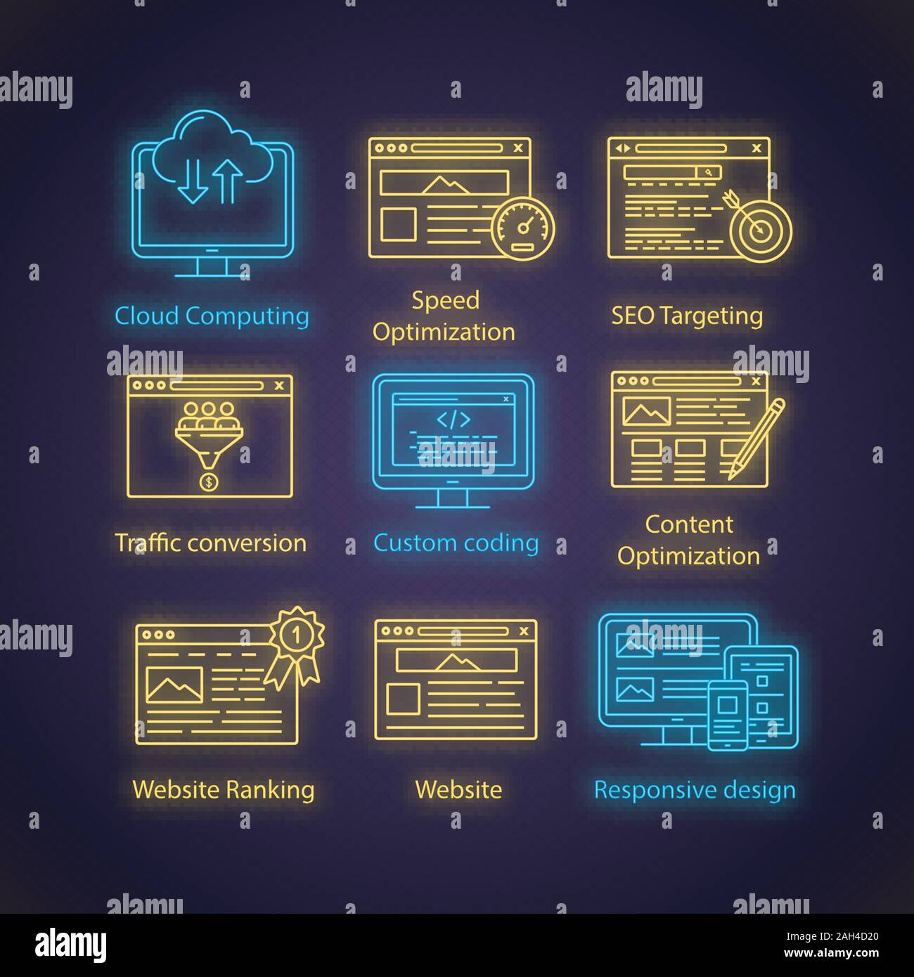 SEO neon light icons. Cloud computing, speed optimization, targeting, traffic, conversion, custom coding, copywriting, ranking, website, responsive de Stock Vector