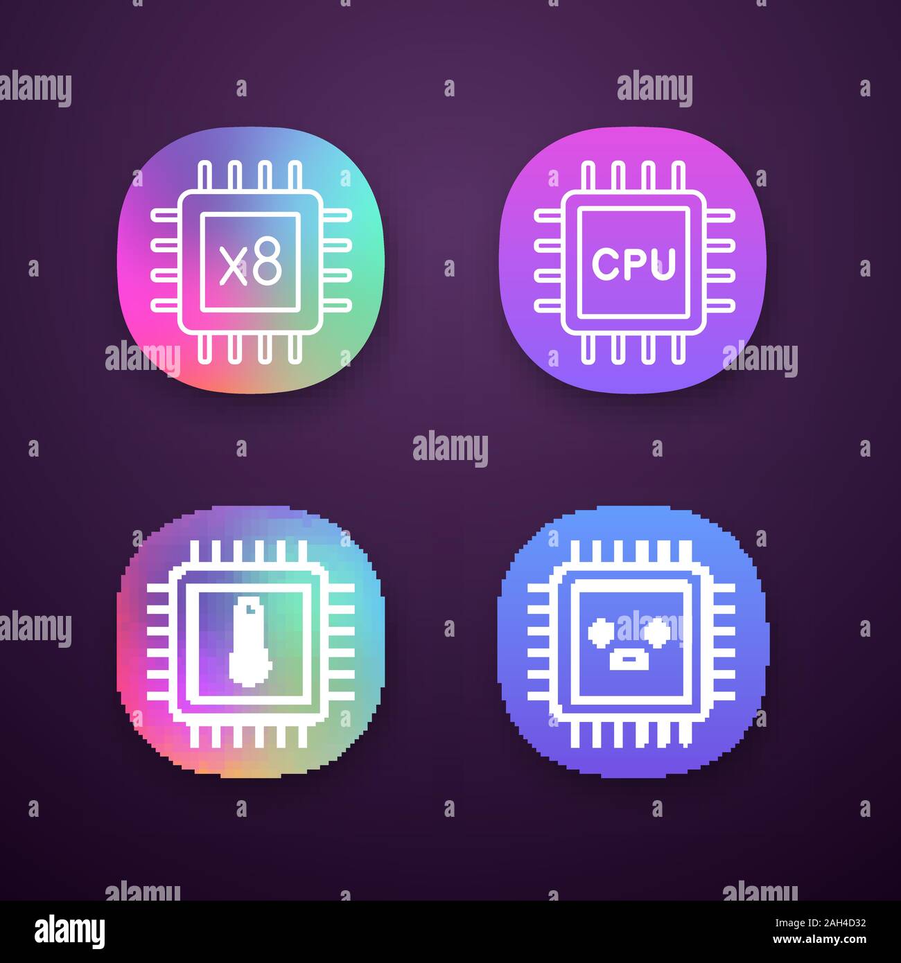 Processors app icons set. Octa core, CPU processors, microprocessor temperature, sad chip. UI/UX user interface. Web or mobile applications. Vector is Stock Vector