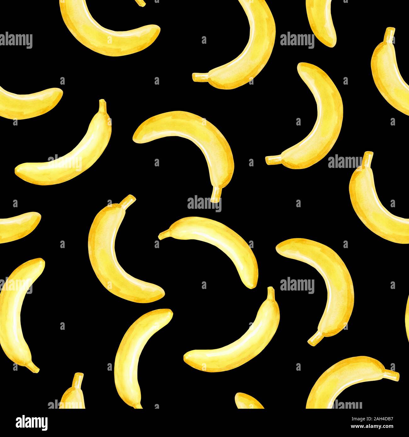 Watercolor seamless pattern with hand yellow bananas on black