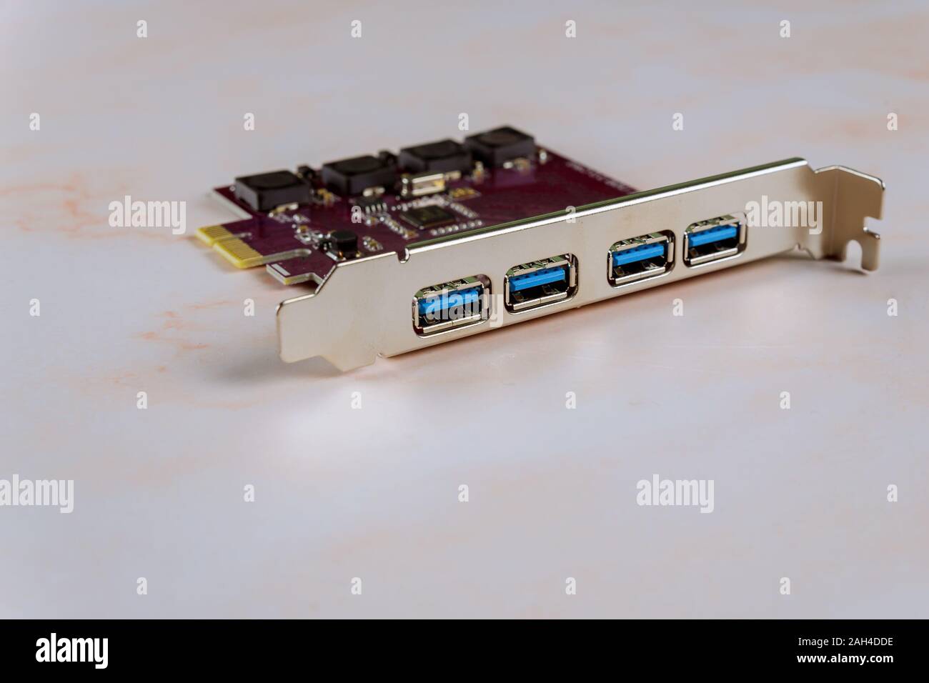 4 Ports USB 3.0 Superspeed 5Gbps PCI Express Expansion Card Computer part. Stock Photo