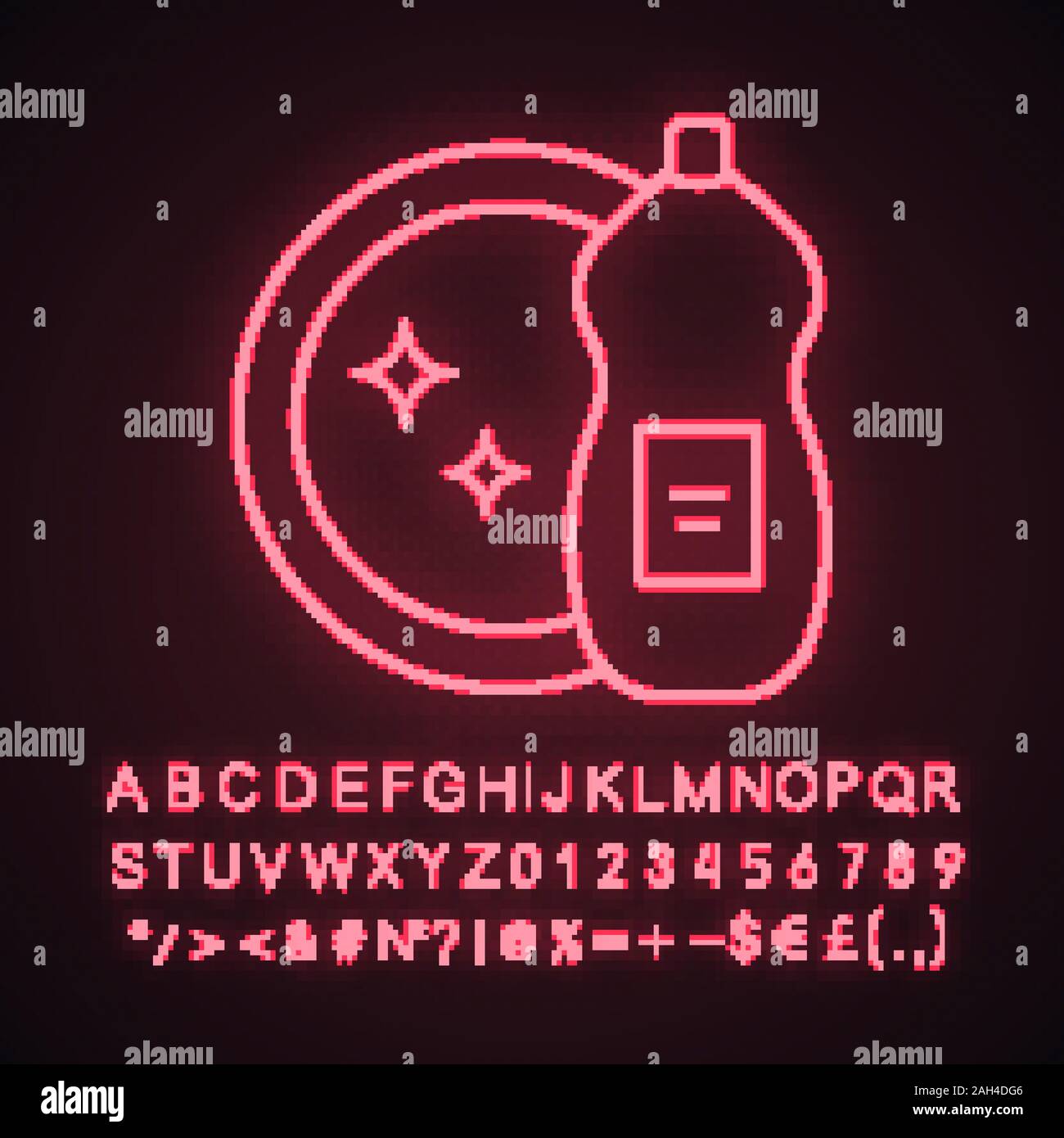Dish washing liquid neon light icon. Dishwash detergent. Cleaning chemicals. Glowing sign with alphabet, numbers and symbols. Vector isolated illustra Stock Vector