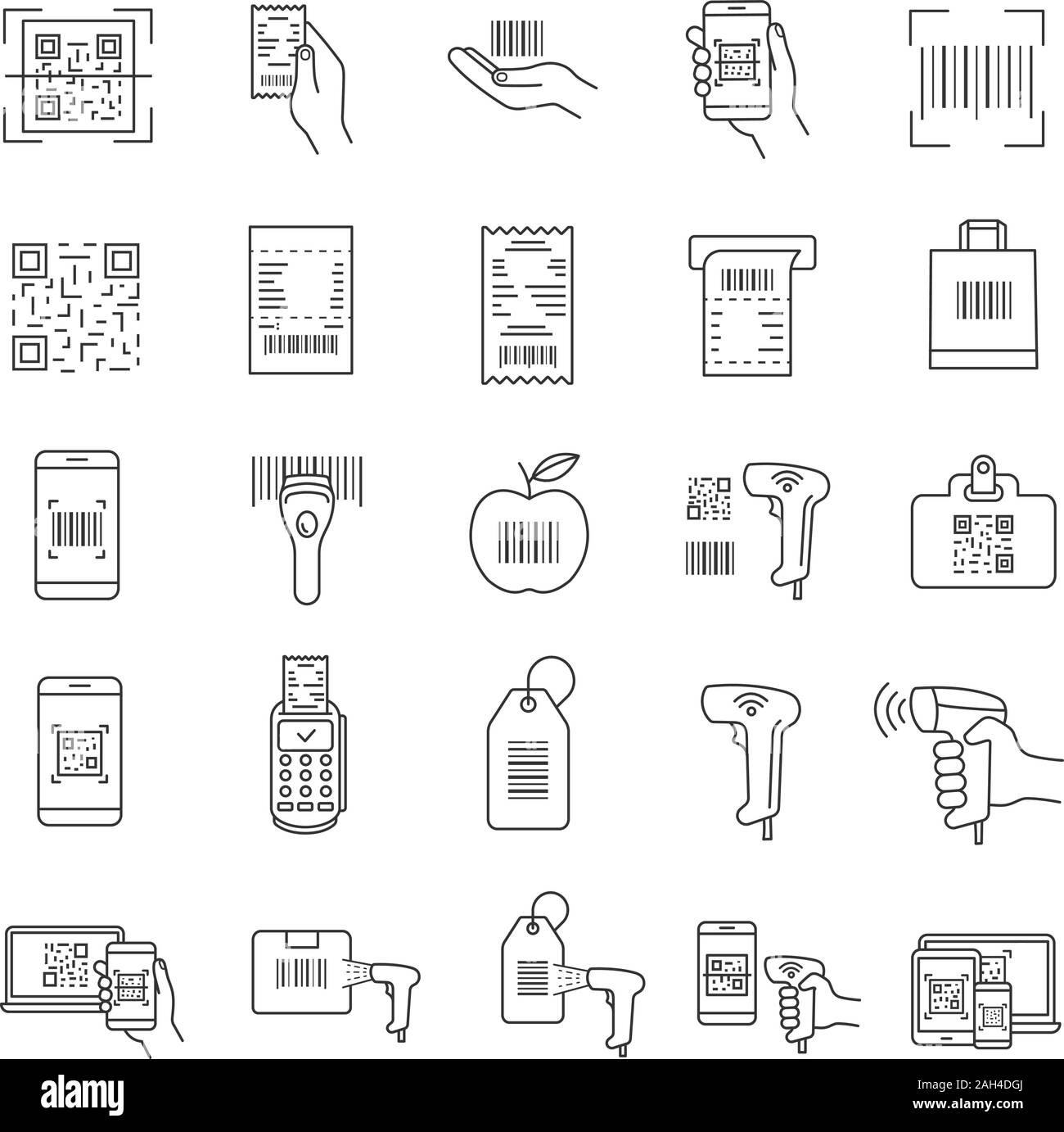 Barcodes linear icons set. Linear, matrix bar codes. Barcodes reading, scanning apps and devices. Using QR in retail, inventory control, delivery. Iso Stock Vector