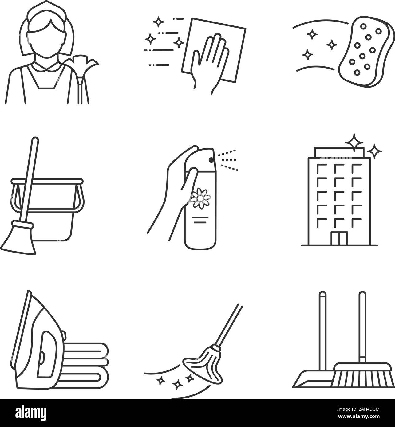 Cleaning service linear icons set. Scoop and sweeping brush, vacuum  cleaner, scrub brush, cleaning product. Thin line contour symbols. Isolated  vector Stock Vector Image & Art - Alamy