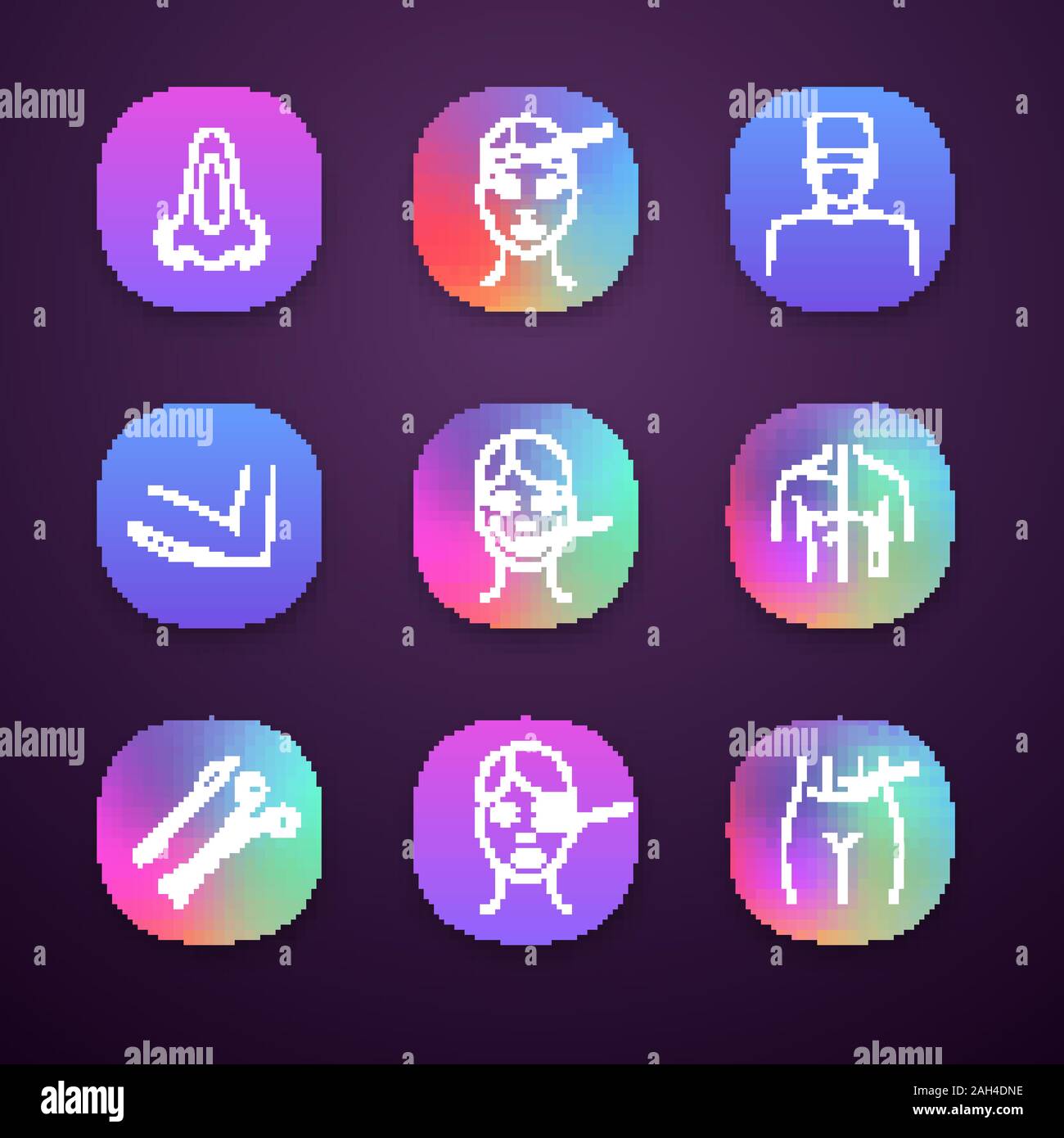 Plastic surgery app icons set. Rhinoplasty, facelift, surgeon, arm lift