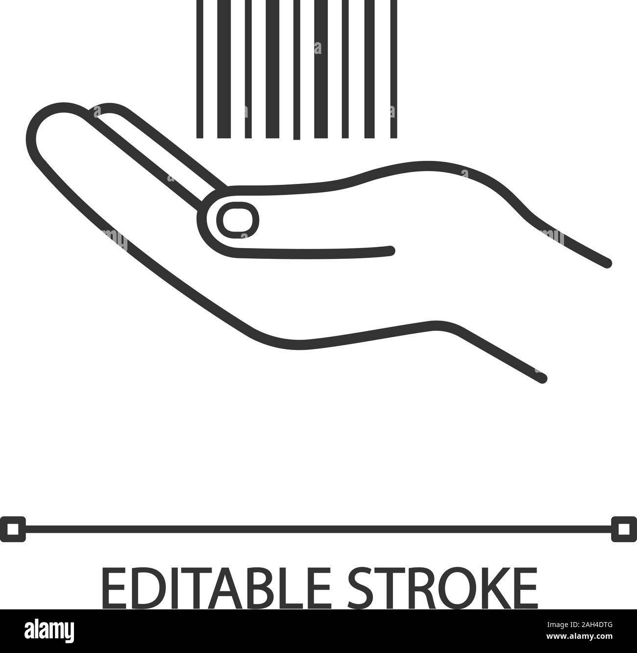 Hand holding barcode linear icon. One dimensional code. Thin line