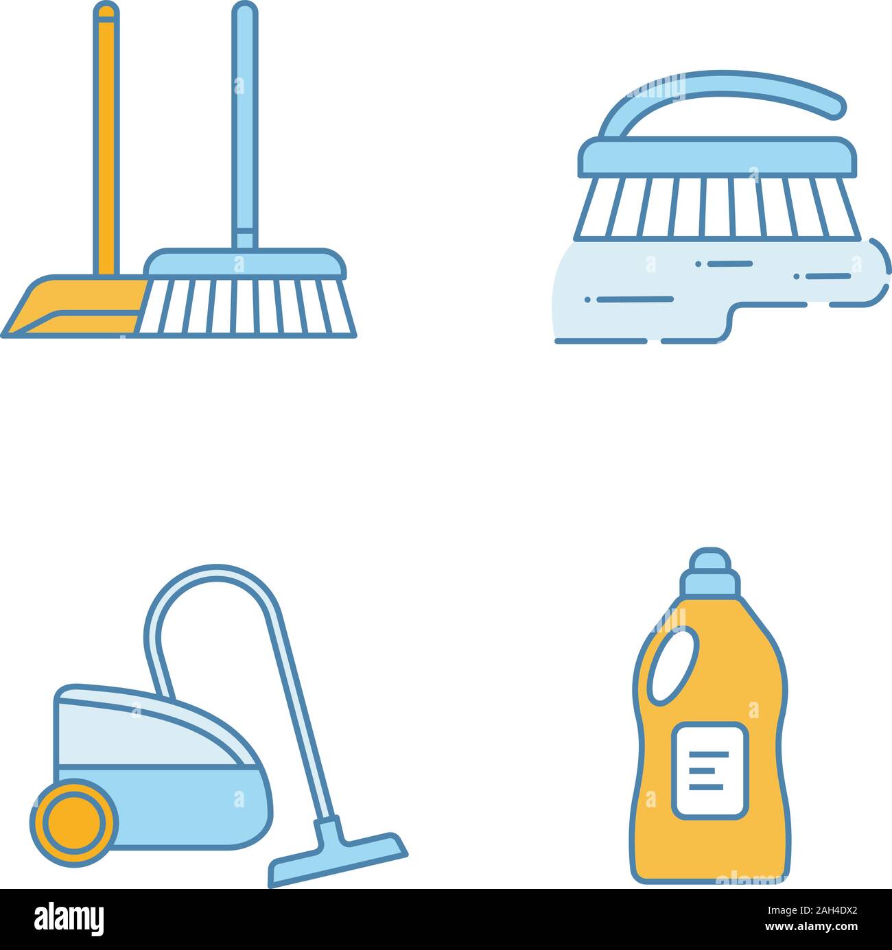 Cleaning service color icons set. Scoop and sweeping brush, vacuum ...