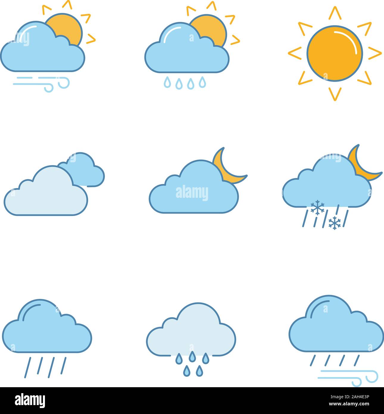 Weather Forecast Color Icons Set Partly Cloudy And Windy Weather Drizzle Rain Sun Clouds Night Pouring And Drizzle Rain Wind Overcast Sleet Stock Vector Image Art Alamy
