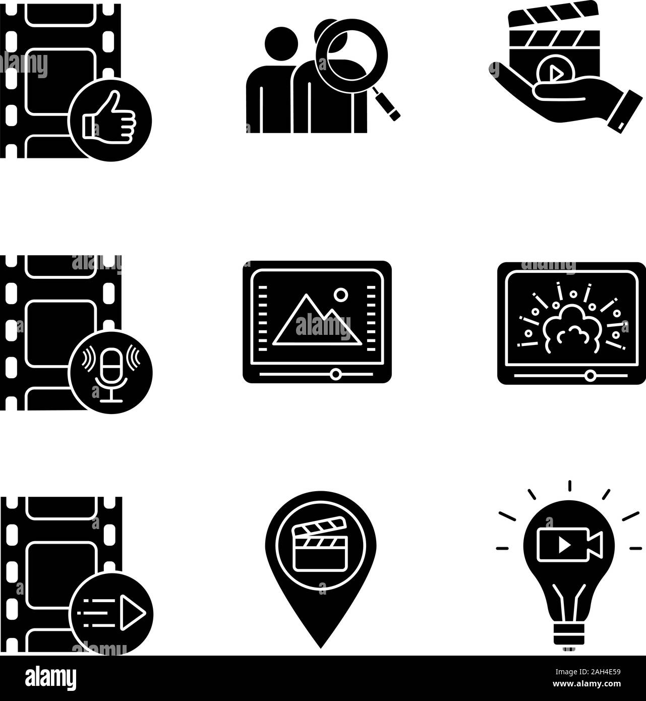 Film industry glyph icons set. Post production, audience, movie release,  sound record, color correction, visual effects, animation, locations, idea.  S Stock Vector Image & Art - Alamy