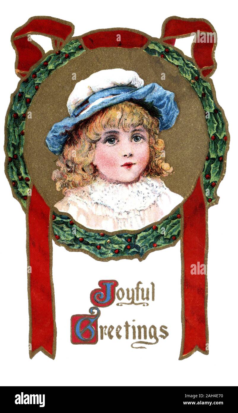Joyful Greetings. Girl in  bonnet, red ribbon with wreath surrounding her image.Vintage Christmas or Easter Postcard Greeting card Stock Photo