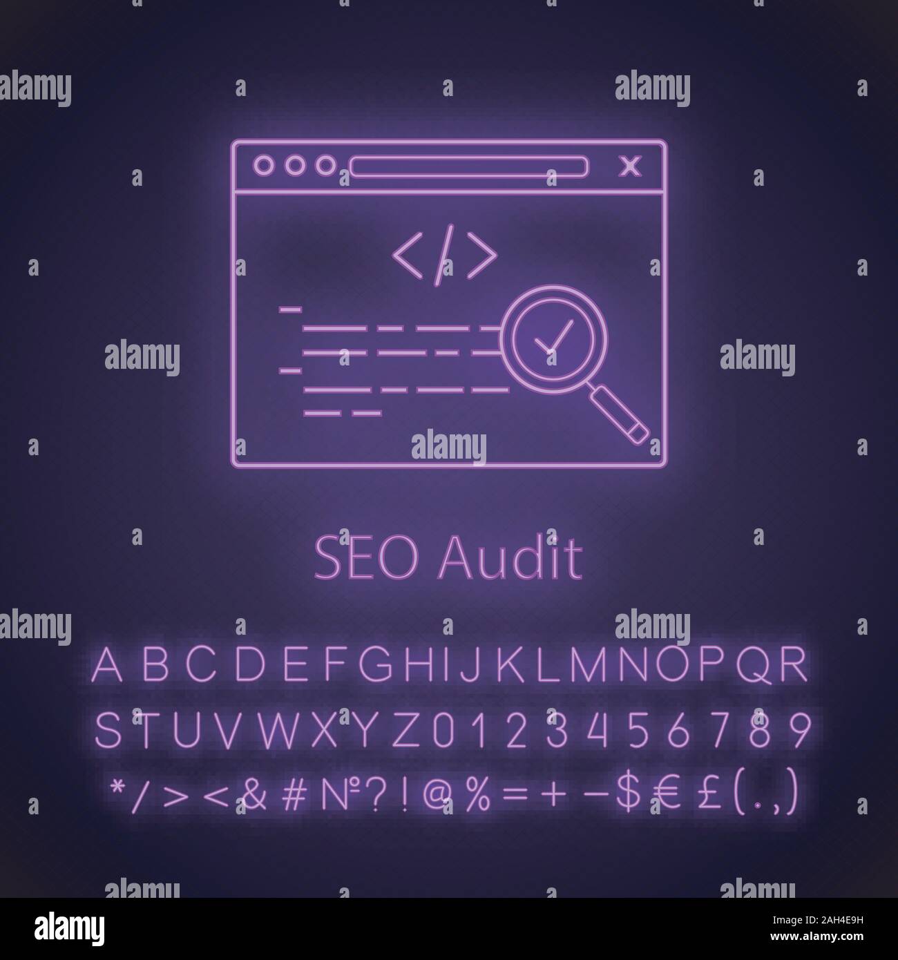 SEO audit neon light icon. Search optimization. Custom coding. Website analyzing. Site development. Web site ranking. Glowing sign with alphabet, numb Stock Vector