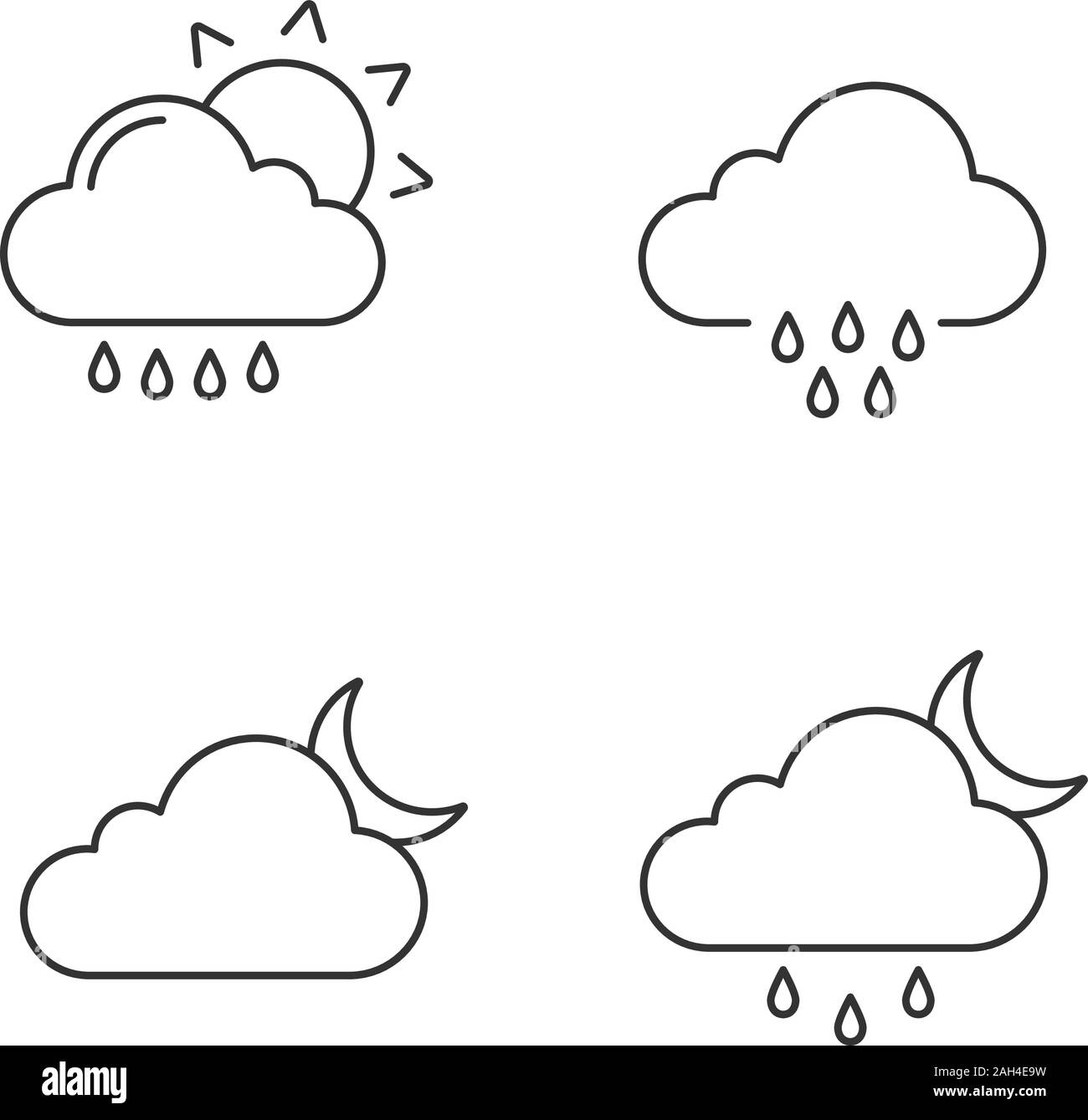Weather forecast linear icons set. Rain with sun, rainy weather, cloudy