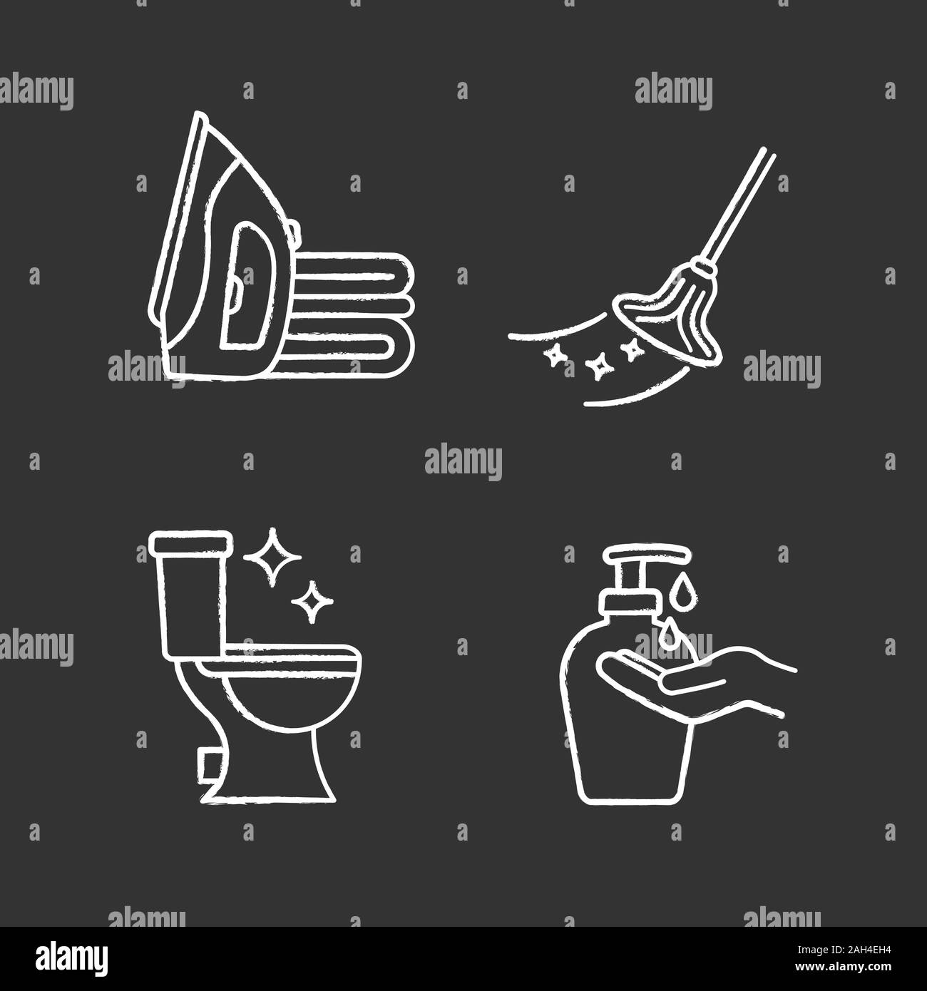 Cleaning service chalk icons set. Ironing, mop, clean toilet, hands