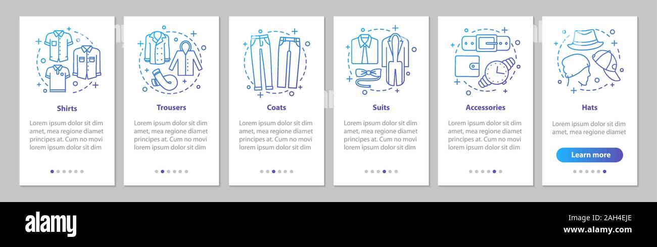 Men's clothes onboarding mobile app page screen with linear concepts. Skirts, trousers, coats, suits, accessories, hats. Walkthrough graphic steps. UX Stock Vector